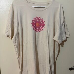 Beige Short Sleeve Tee with Pink Floral Design